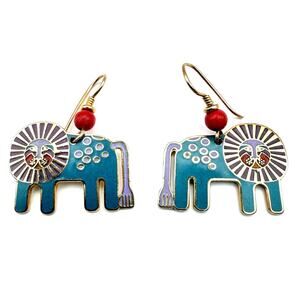 Vintage LAUREL BURCH LEONARDO Lion Earrings Cloisonne Teal Blue Purple Red 1980s